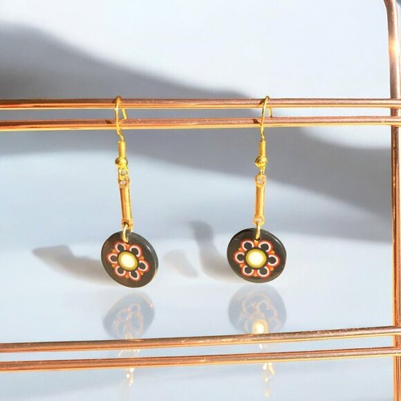 Handmade Ceramic & Enamel Floral Dangle Earrings Black Red White Gold 925 Hooks - Picture 5 of 7